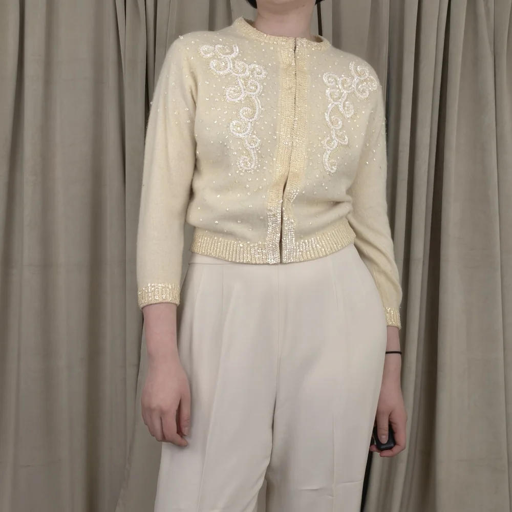 Vintage Wool and Rabbit Hair Cream Cardigan with Sequins Embellishments - Picture 2 of 8